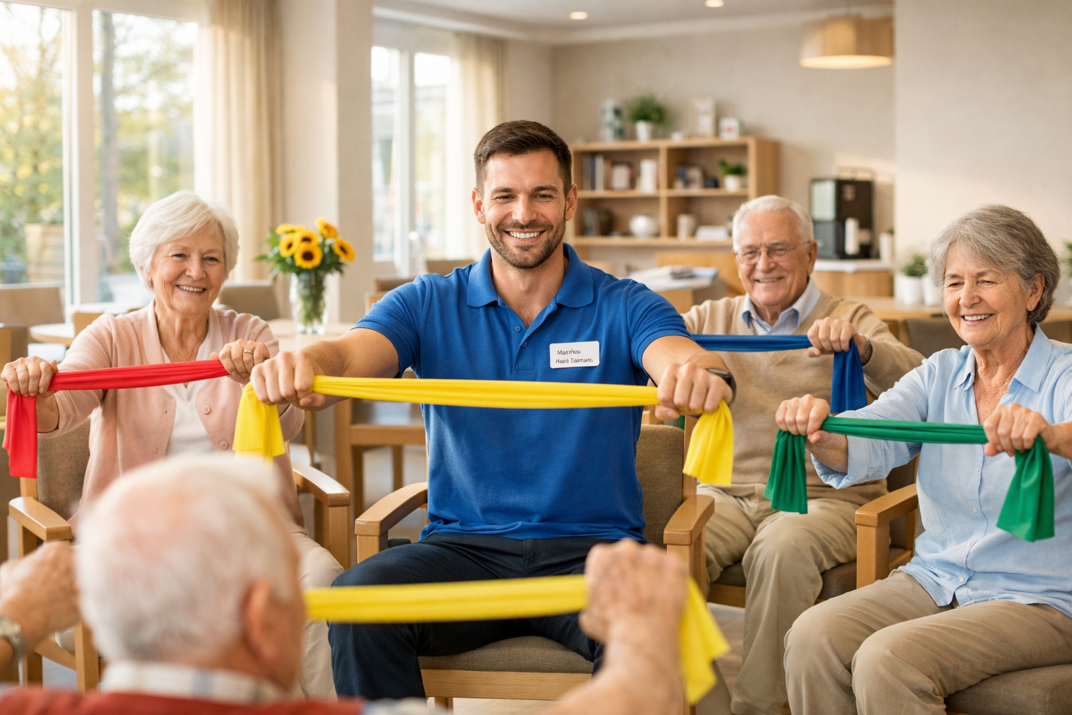 Übungsleiter beim Rehasport mit Senioren in einer Pflegeeinrichtung