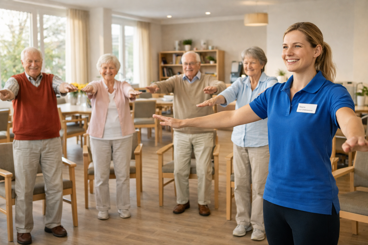 Übungsleiter leitet Rehasport-Kurs mit Senioren in einer Pflegeeinrichtung
