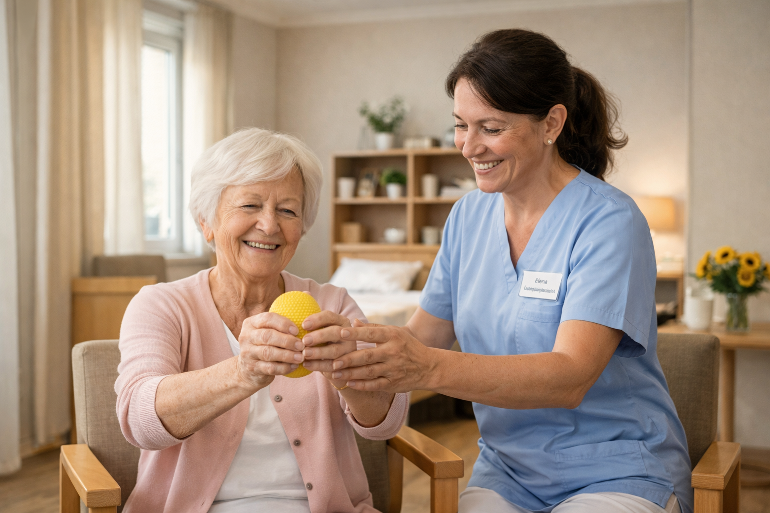 Ältere Frau beim Rehasport mit Physiotherapeutin — sitzende Übungen mit Theraband