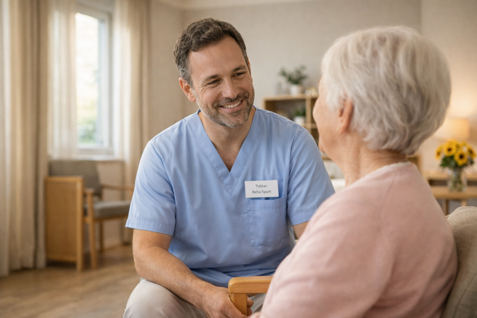 DREHASG Übungsleiter im Gespräch mit Seniorin in einer Pflegeeinrichtung